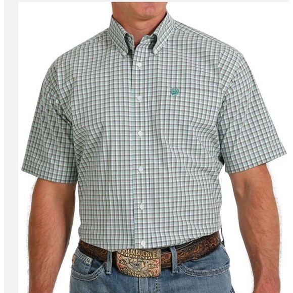 Cinch Men's Short Sleeve Button down Shirt Sz XXL New White Green Plaid $64 Boyd - Picture 1 of 9